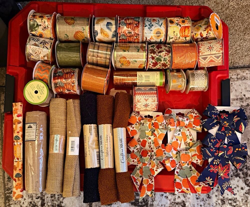 Huge Fall Craft Bundle Pumpkin Plaid Wired Ribbon Burlap Rolls Autumn DIY Lot